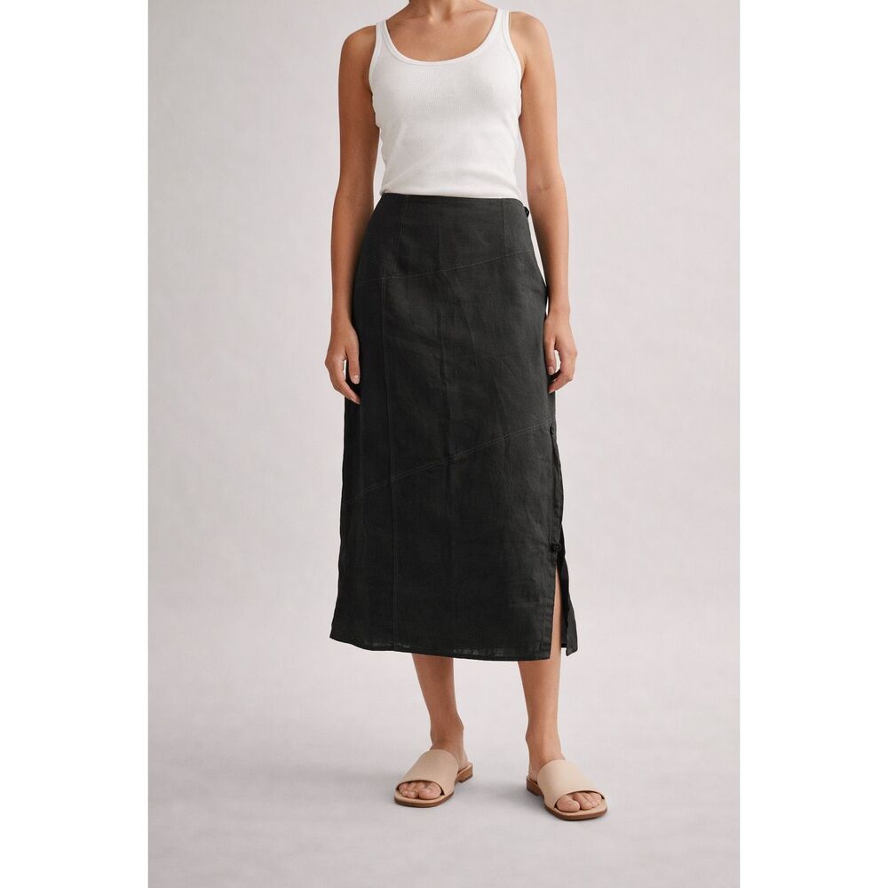 Massimo Dutti Linen Midi Skirt Washed Black Side Slit Size M NWT